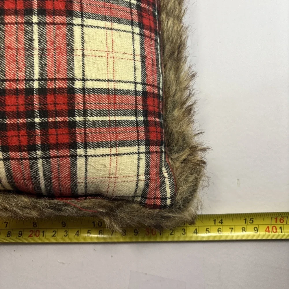 Pair Of Red Plaid Flannel Christmas Accent Pillow Faux Reindeer & Faux Fur‎  13